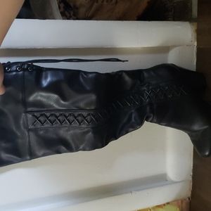 Over the Knee Lace Siding Black Heeled Boots
